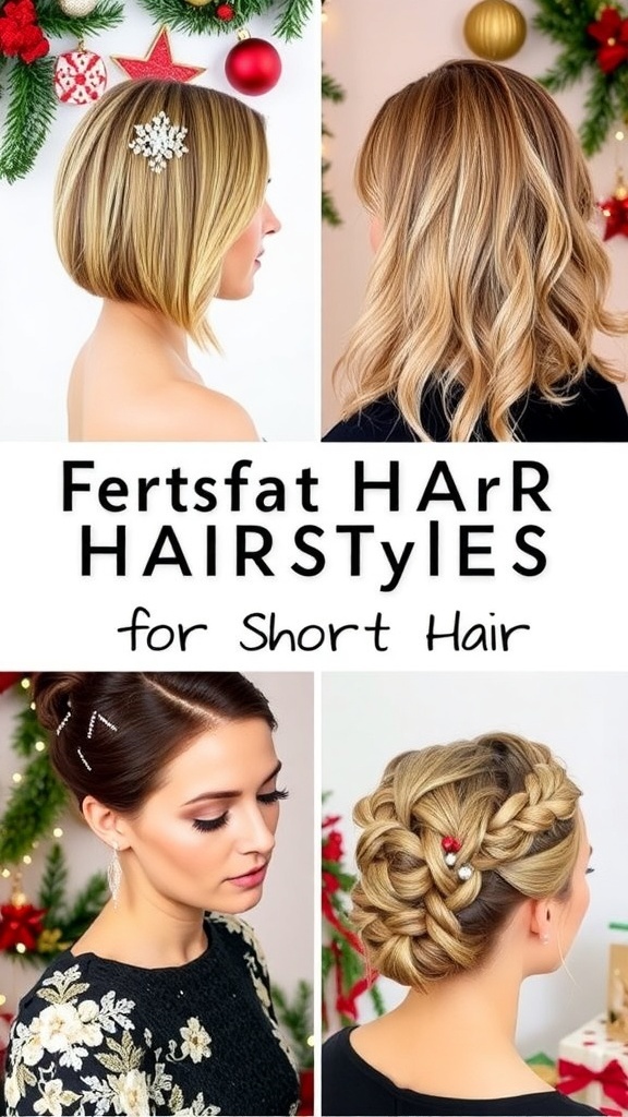 A collection of stylish Christmas hairstyles for short hair, including a sleek bob, textured waves, pin-up style, and braided crown.